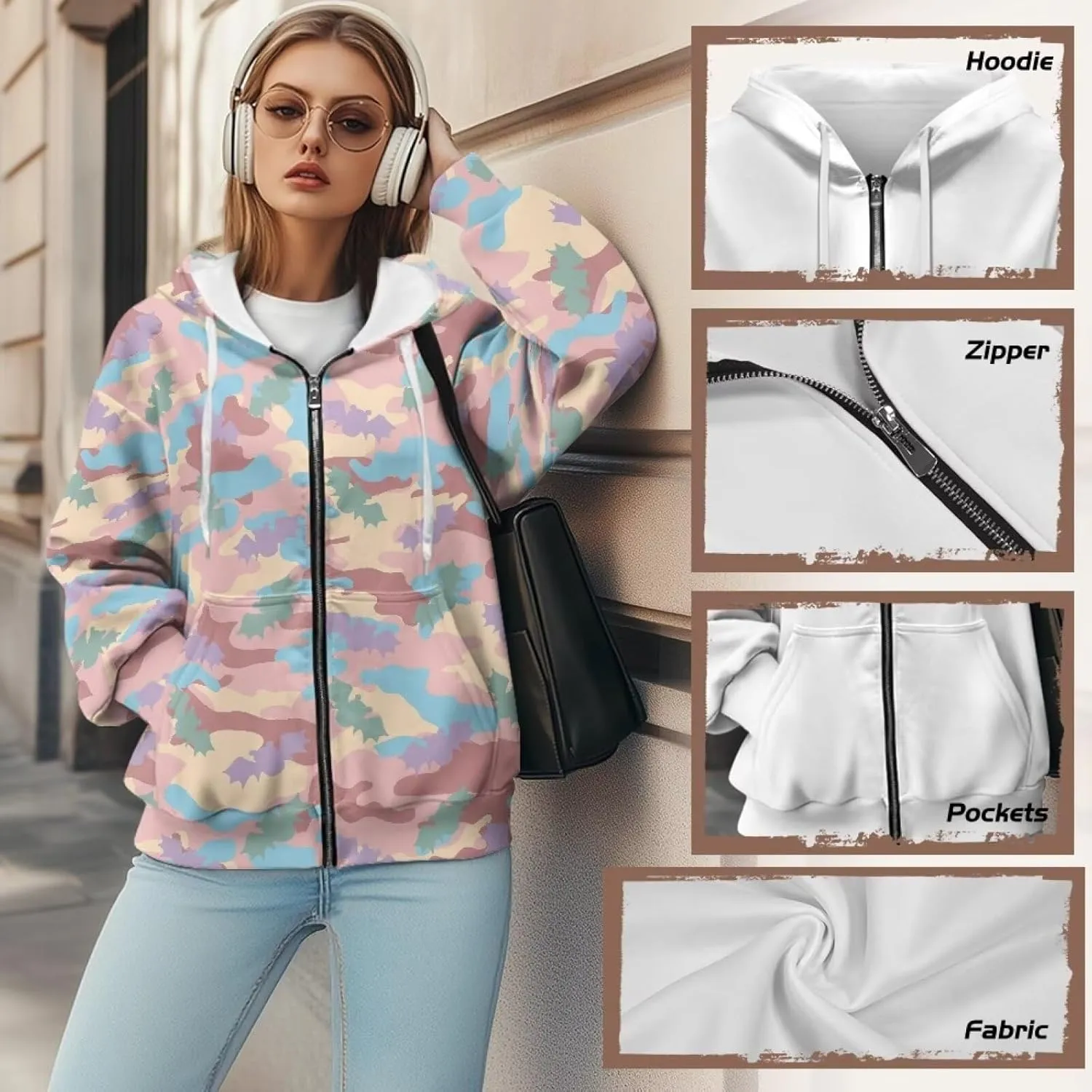 JEOCODY Zip Up Hoodie Women Oversized Hoodie Casual Long Sleeve Graphic Jackets with Pockets Zipper Drawstring