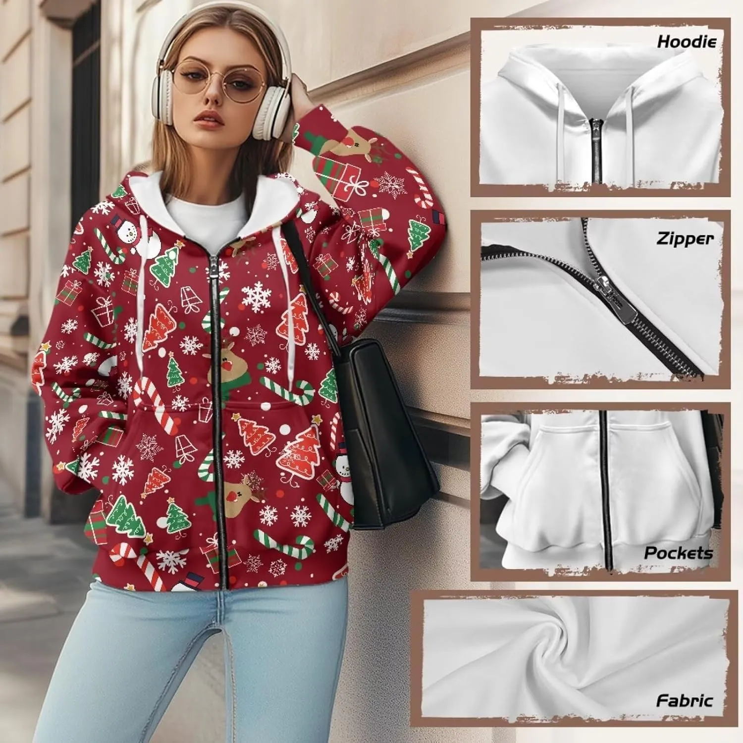 JEOCODY Zip Up Hoodie Women Oversized Hoodie Casual Long Sleeve Graphic Jackets with Pockets Zipper Drawstring