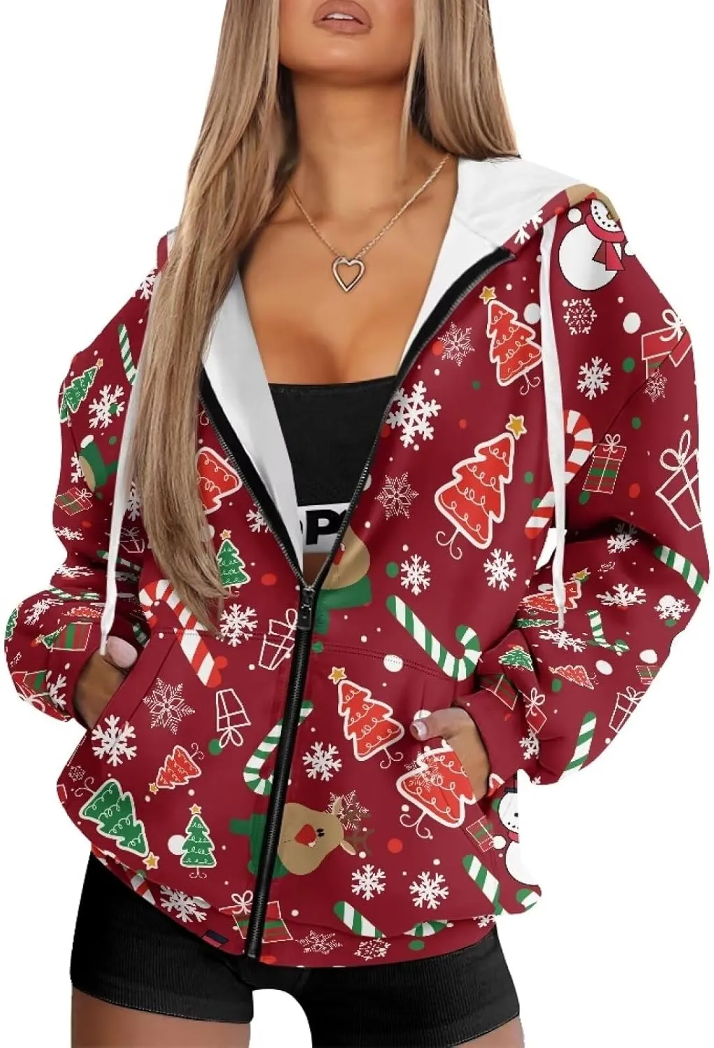 JEOCODY Zip Up Hoodie Women Oversized Hoodie Casual Long Sleeve Graphic Jackets with Pockets Zipper Drawstring
