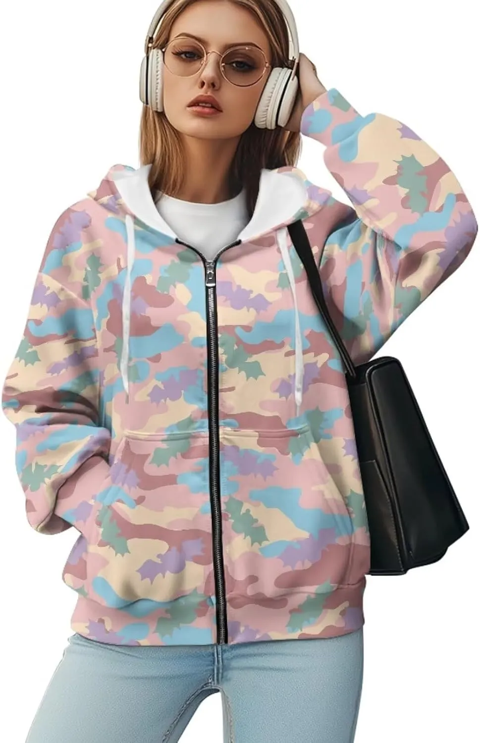JEOCODY Zip Up Hoodie Women Oversized Hoodie Casual Long Sleeve Graphic Jackets with Pockets Zipper Drawstring