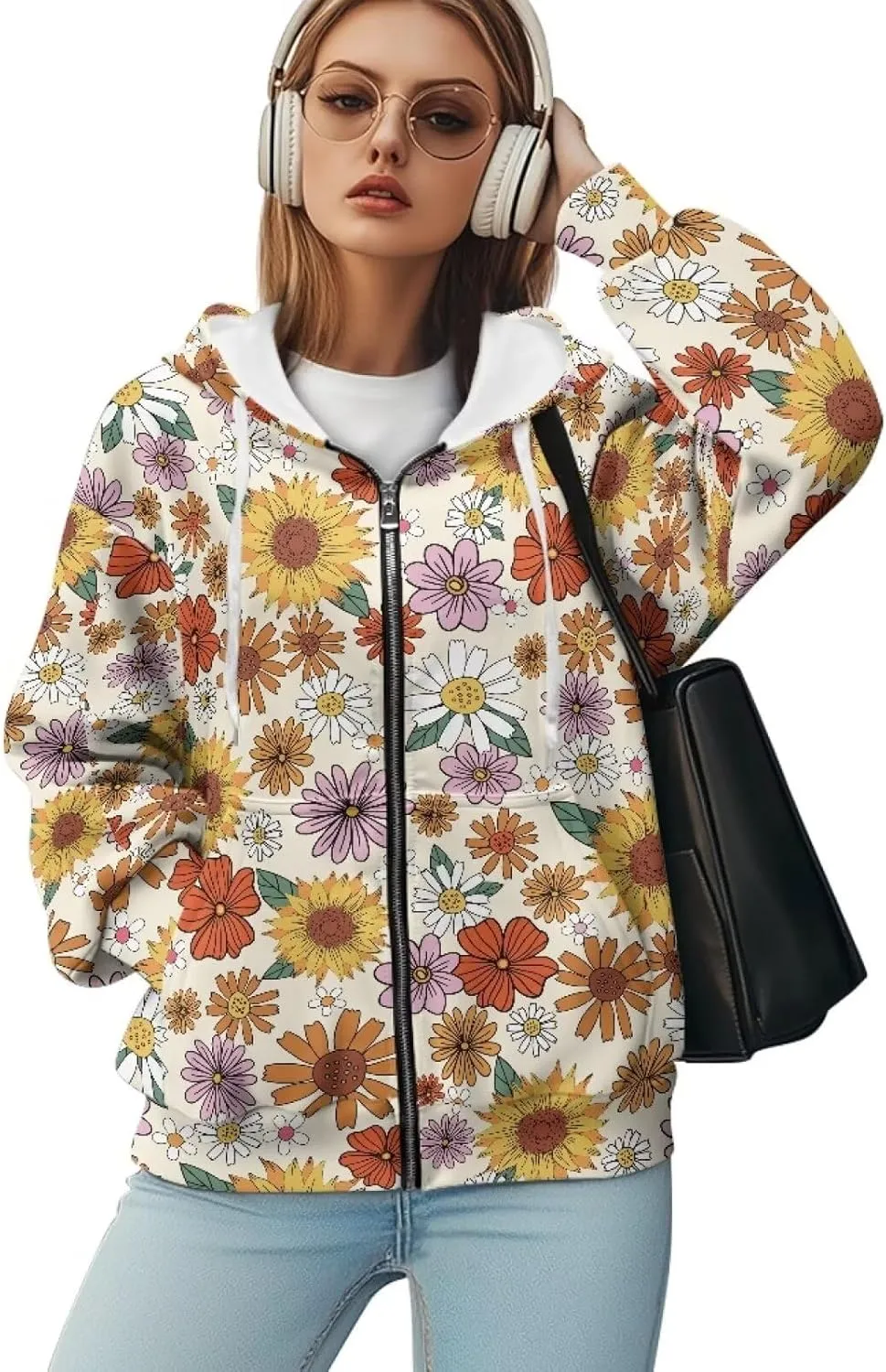 JEOCODY Zip Up Hoodie Women Oversized Hoodie Casual Long Sleeve Graphic Jackets with Pockets Zipper Drawstring