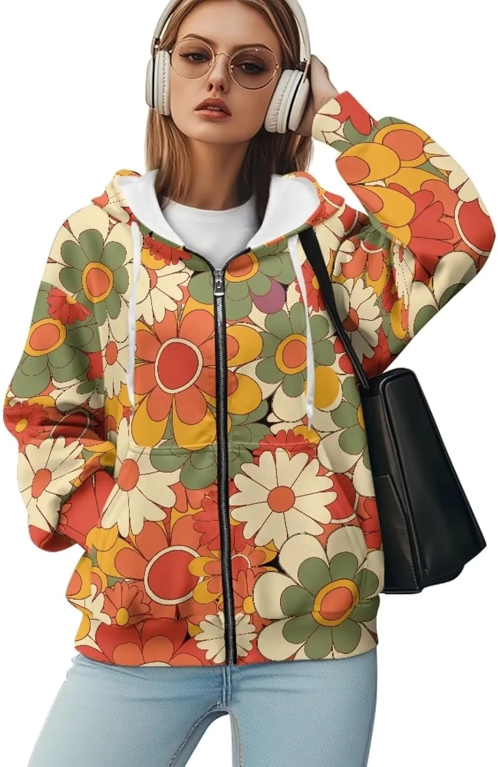 JEOCODY Zip Up Hoodie Women Oversized Hoodie Casual Long Sleeve Graphic Jackets with Pockets Zipper Drawstring