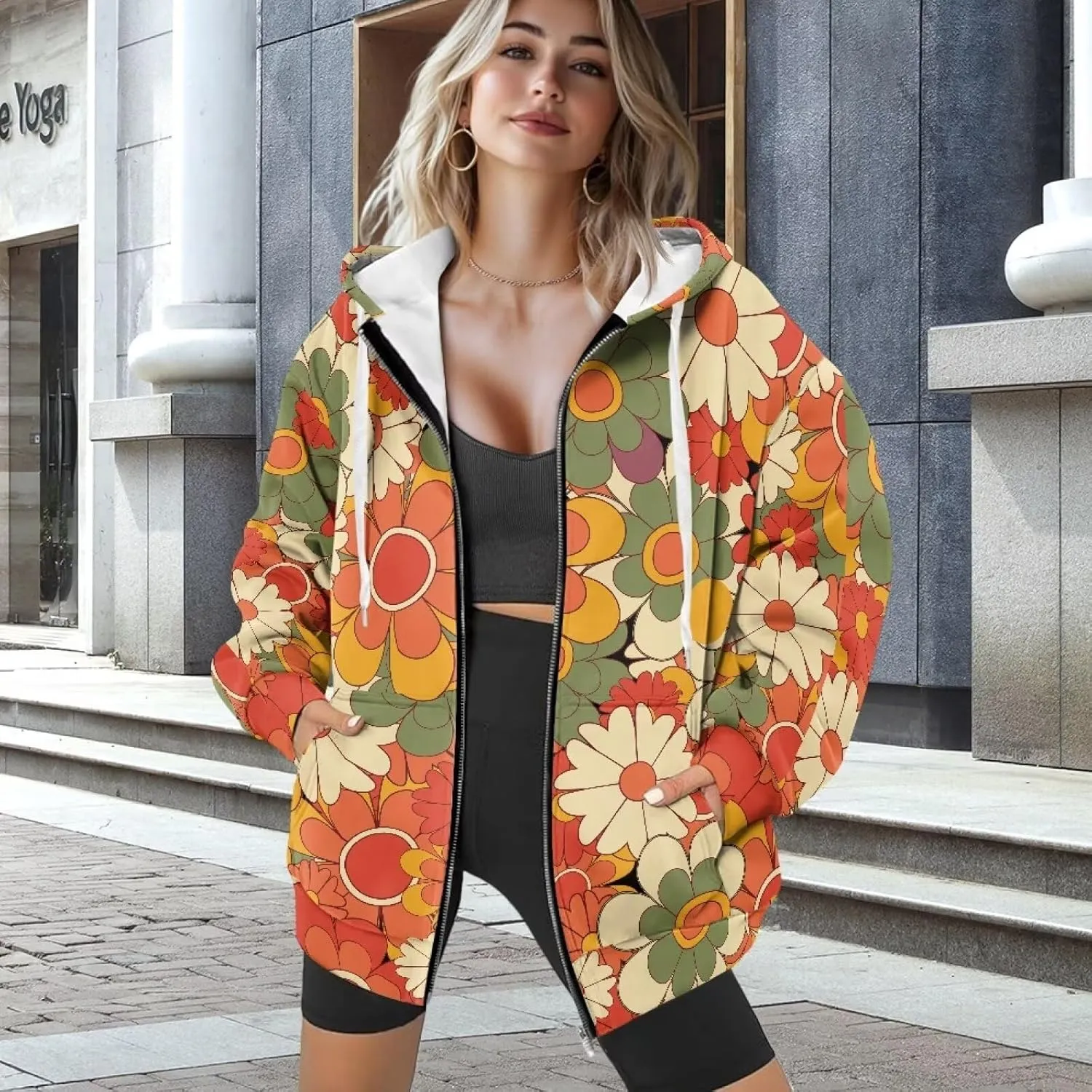 JEOCODY Zip Up Hoodie Women Oversized Hoodie Casual Long Sleeve Graphic Jackets with Pockets Zipper Drawstring