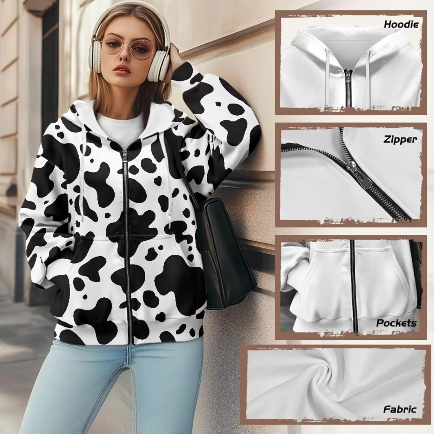 JEOCODY Zip Up Hoodie Women Oversized Hoodie Casual Long Sleeve Graphic Jackets with Pockets Zipper Drawstring