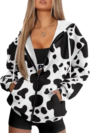 JEOCODY Zip Up Hoodie Women Oversized Hoodie Casual Long Sleeve Graphic Jackets with Pockets Zipper Drawstring