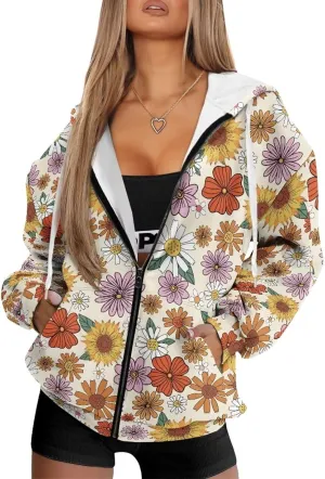 JEOCODY Zip Up Hoodie Women Oversized Hoodie Casual Long Sleeve Graphic Jackets with Pockets Zipper Drawstring
