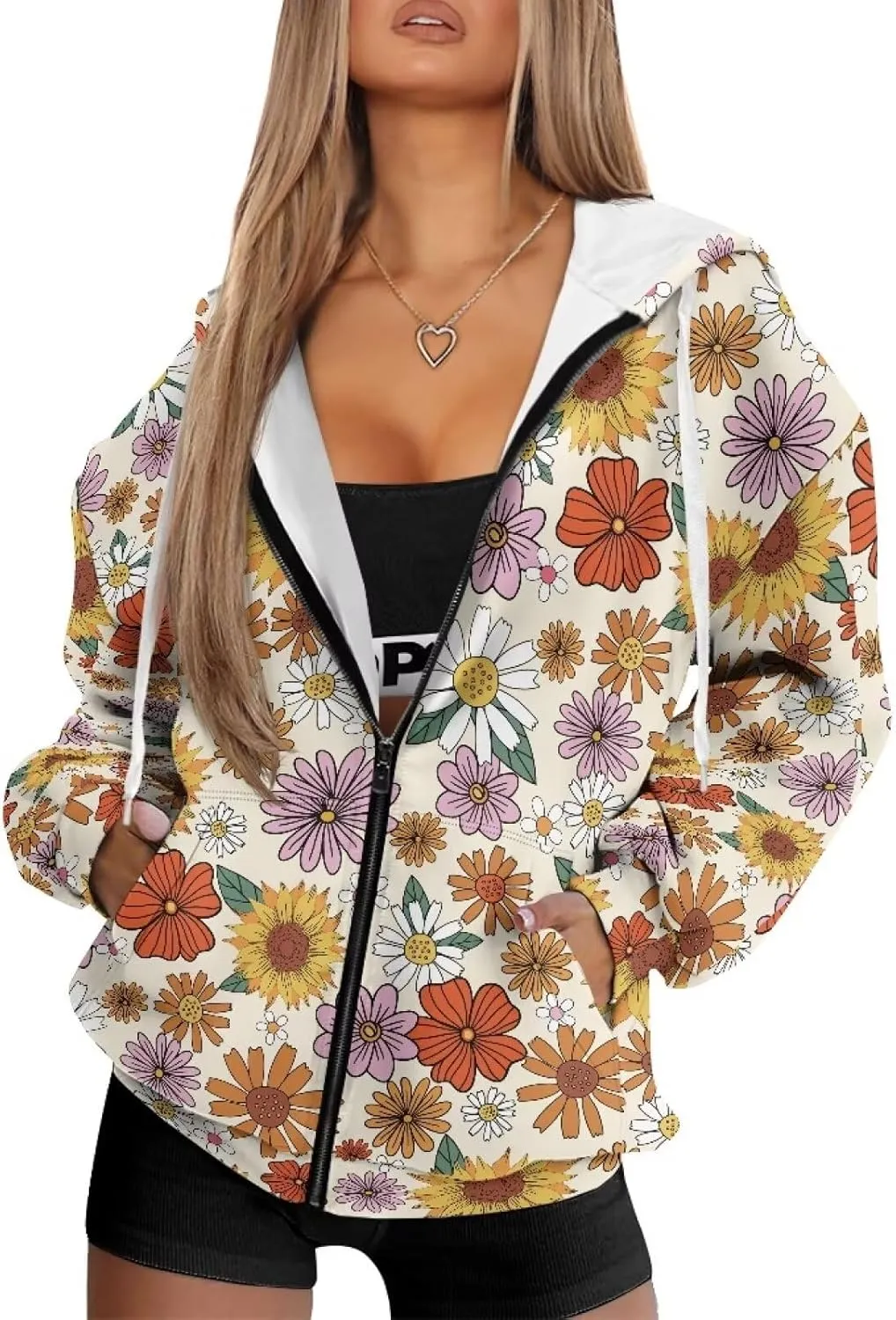 JEOCODY Zip Up Hoodie Women Oversized Hoodie Casual Long Sleeve Graphic Jackets with Pockets Zipper Drawstring