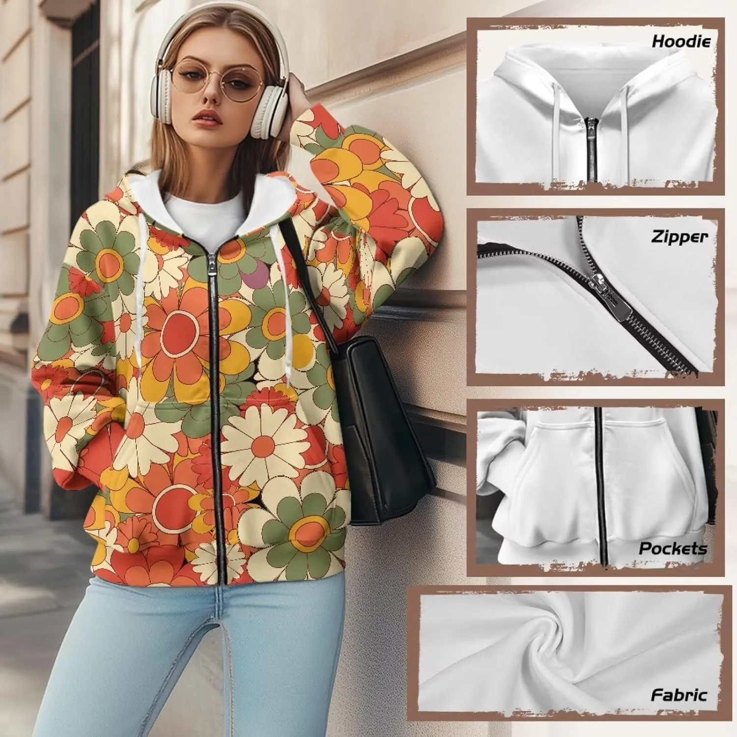 JEOCODY Zip Up Hoodie Women Oversized Hoodie Casual Long Sleeve Graphic Jackets with Pockets Zipper Drawstring