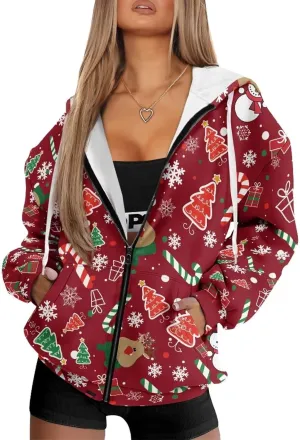 JEOCODY Zip Up Hoodie Women Oversized Hoodie Casual Long Sleeve Graphic Jackets with Pockets Zipper Drawstring