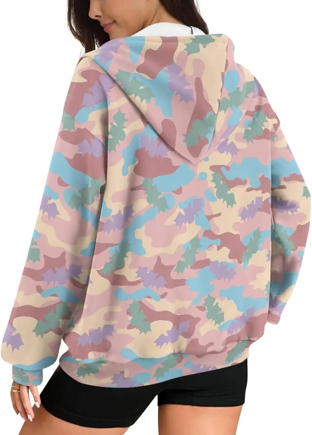 JEOCODY Zip Up Hoodie Women Oversized Hoodie Casual Long Sleeve Graphic Jackets with Pockets Zipper Drawstring