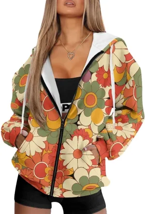 JEOCODY Zip Up Hoodie Women Oversized Hoodie Casual Long Sleeve Graphic Jackets with Pockets Zipper Drawstring