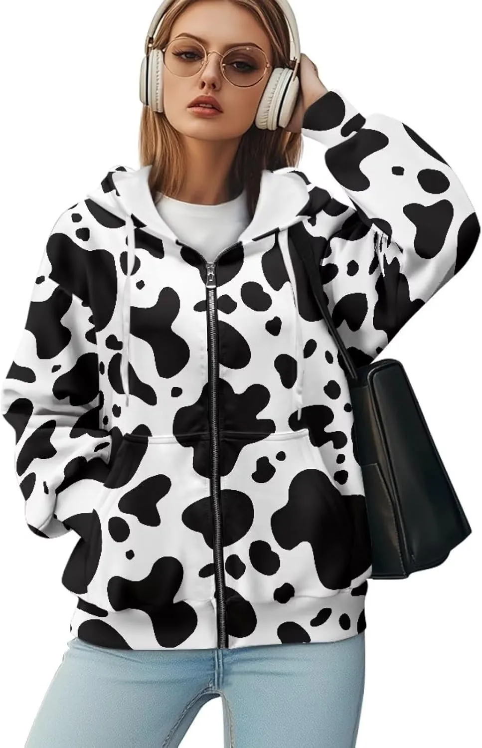 JEOCODY Zip Up Hoodie Women Oversized Hoodie Casual Long Sleeve Graphic Jackets with Pockets Zipper Drawstring