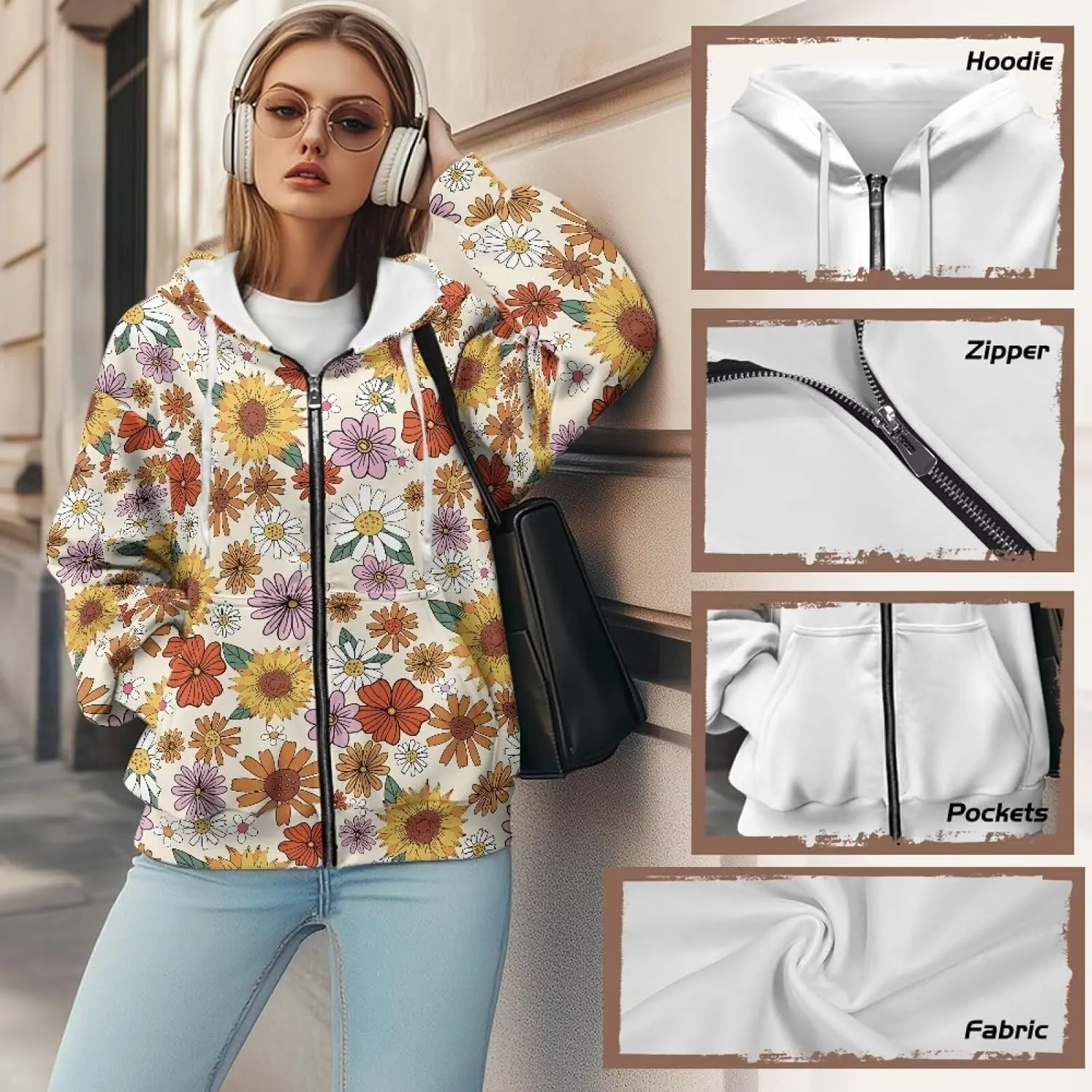 JEOCODY Zip Up Hoodie Women Oversized Hoodie Casual Long Sleeve Graphic Jackets with Pockets Zipper Drawstring
