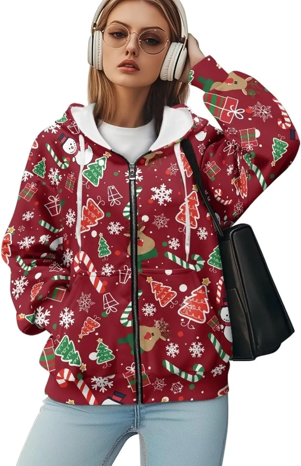 JEOCODY Zip Up Hoodie Women Oversized Hoodie Casual Long Sleeve Graphic Jackets with Pockets Zipper Drawstring