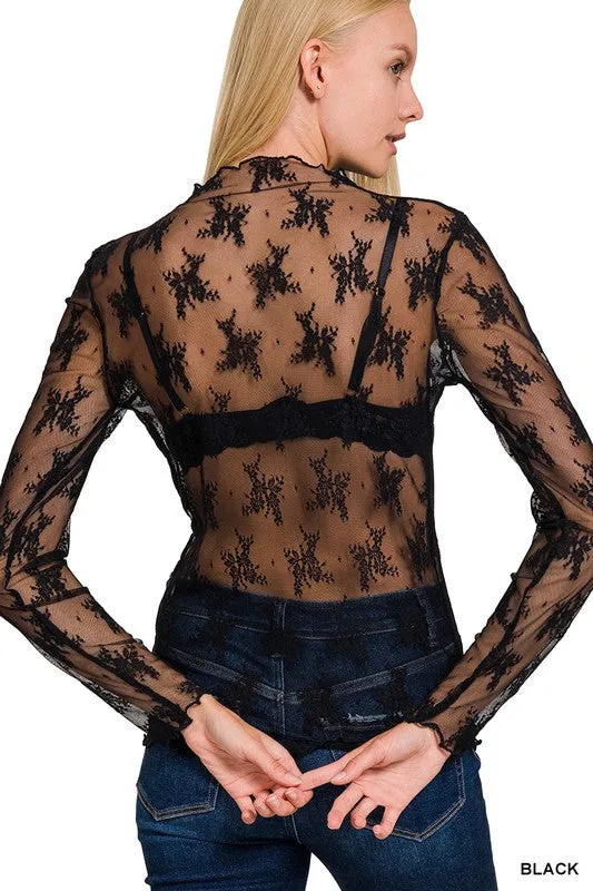 Jess ~ Black Mesh Long Sleeve Top