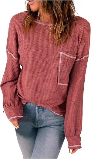 jovati 2024 Fall Fashion Versatile Clothes Womens Casual Crewneck Long Sleeve Shirt Loose Comfy Work Blouse With Pockets