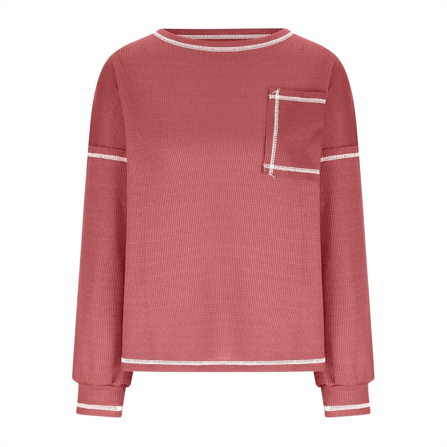 jovati 2024 Fall Fashion Versatile Clothes Womens Casual Crewneck Long Sleeve Shirt Loose Comfy Work Blouse With Pockets