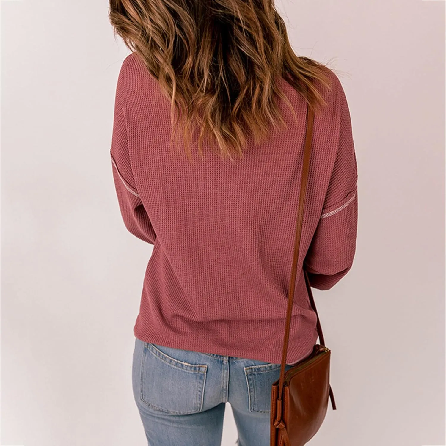 jovati 2024 Fall Fashion Versatile Clothes Womens Casual Crewneck Long Sleeve Shirt Loose Comfy Work Blouse With Pockets