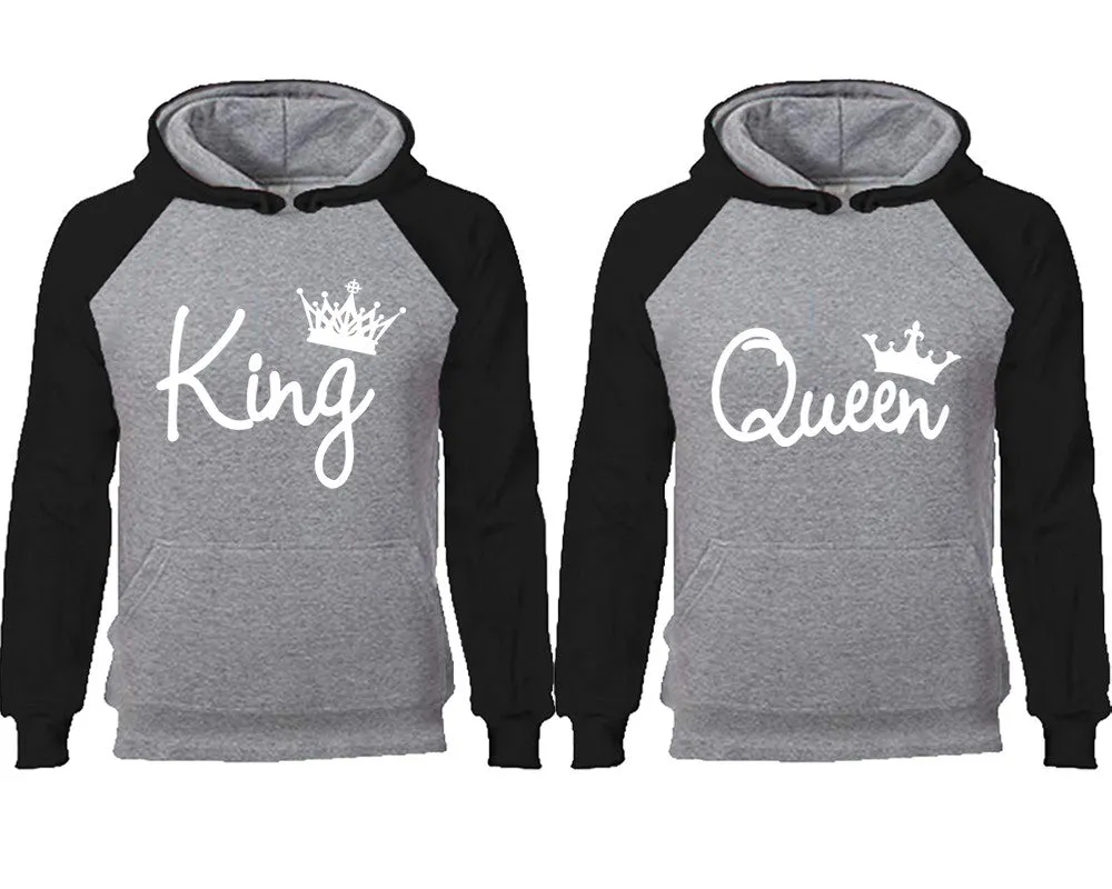 King & Queen Couple Matching Raglan Hoodies – Comfortable Unisex Pullover | Sold Separately in Sizes & Colors