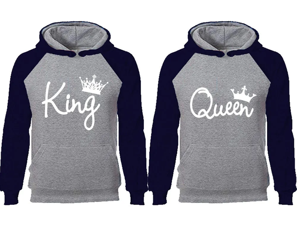 King & Queen Couple Matching Raglan Hoodies – Comfortable Unisex Pullover | Sold Separately in Sizes & Colors