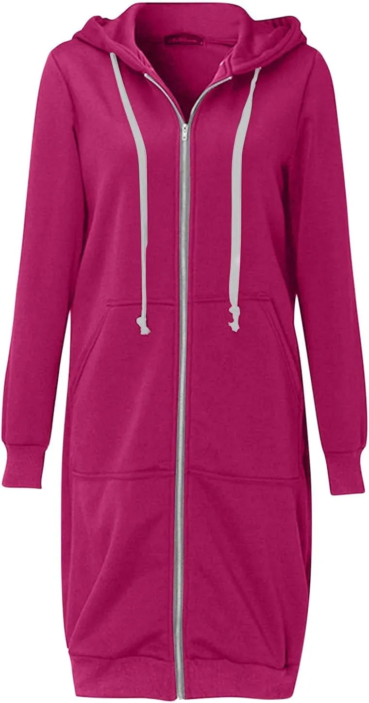 Knee Length Hoodies for Women Zip Up Hoodie Fashion Long Sleeve Sweatshirts Casual Fall Hooded Jackets with Pockets