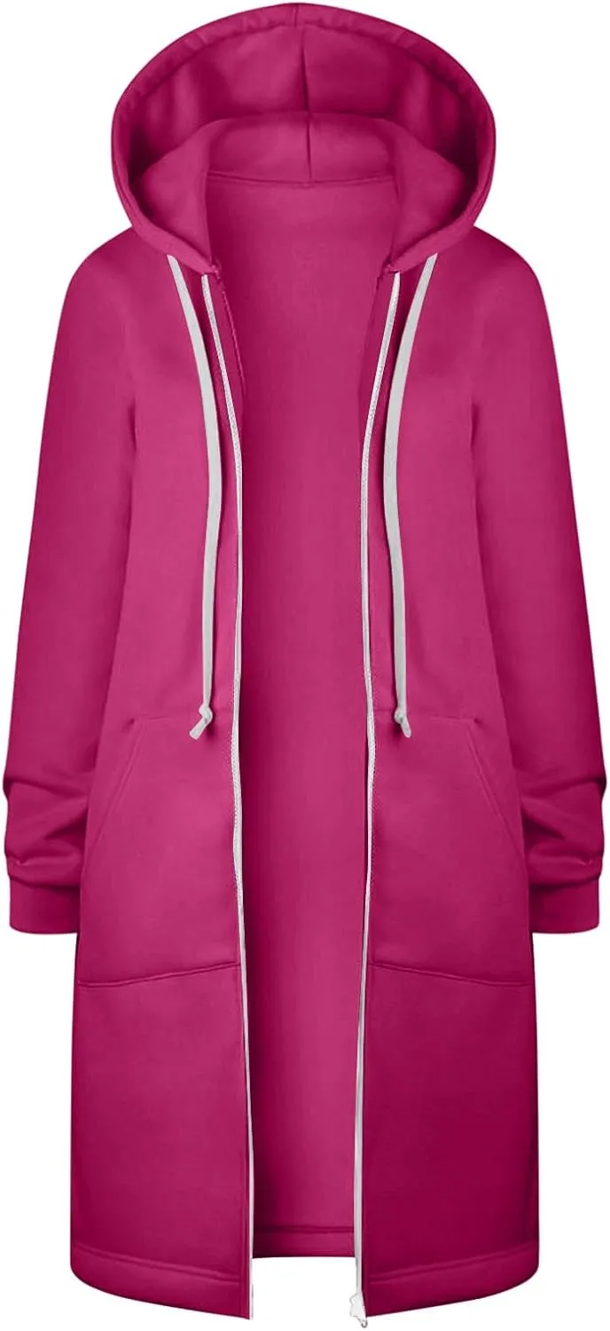 Knee Length Hoodies for Women Zip Up Hoodie Fashion Long Sleeve Sweatshirts Casual Fall Hooded Jackets with Pockets