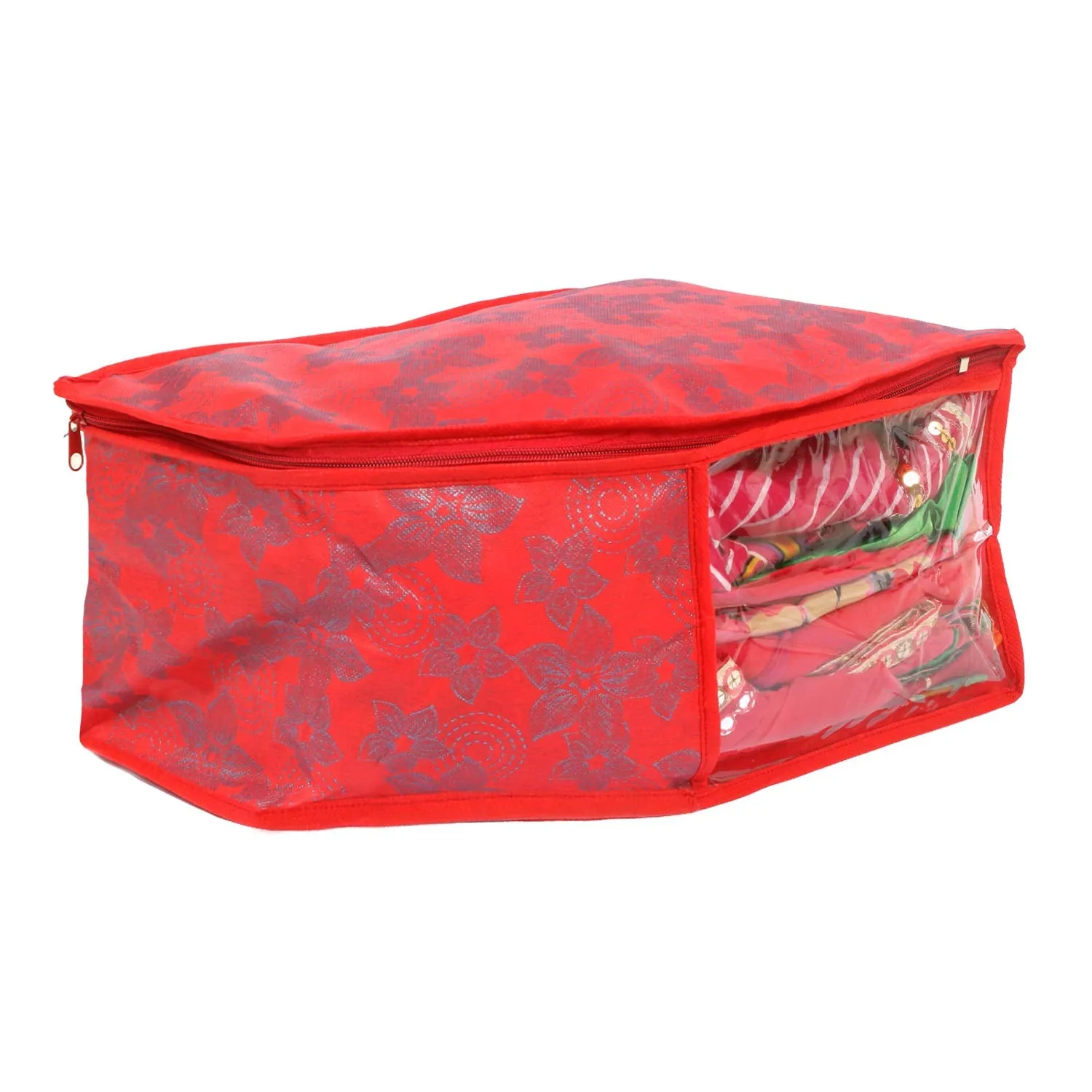 Kuber Industries Metallic Flower 2 Piece Non Woven Blouse Cover Set (Red) - CTKTC023177
