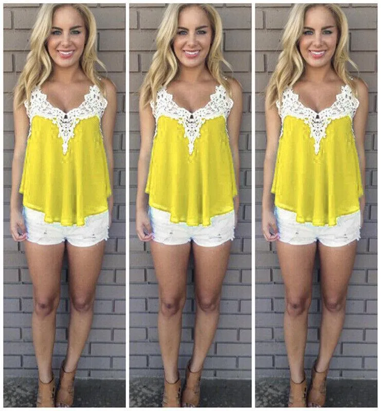 Lace Patchwork Sleeveless Spaghetti Strap Chiffon Blouse