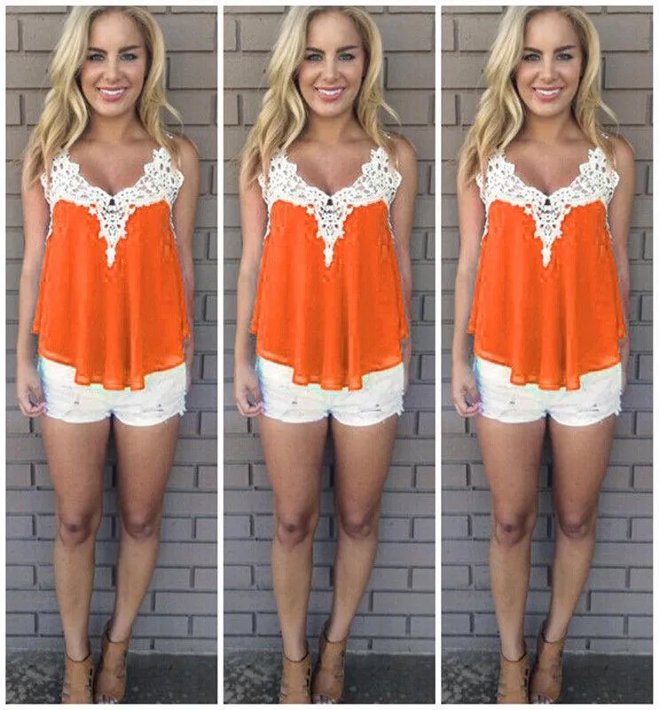 Lace Patchwork Sleeveless Spaghetti Strap Chiffon Blouse
