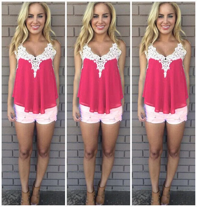 Lace Patchwork Sleeveless Spaghetti Strap Chiffon Blouse