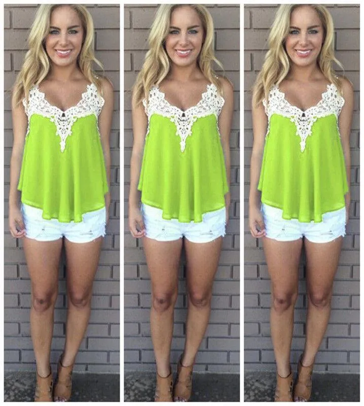 Lace Patchwork Sleeveless Spaghetti Strap Chiffon Blouse