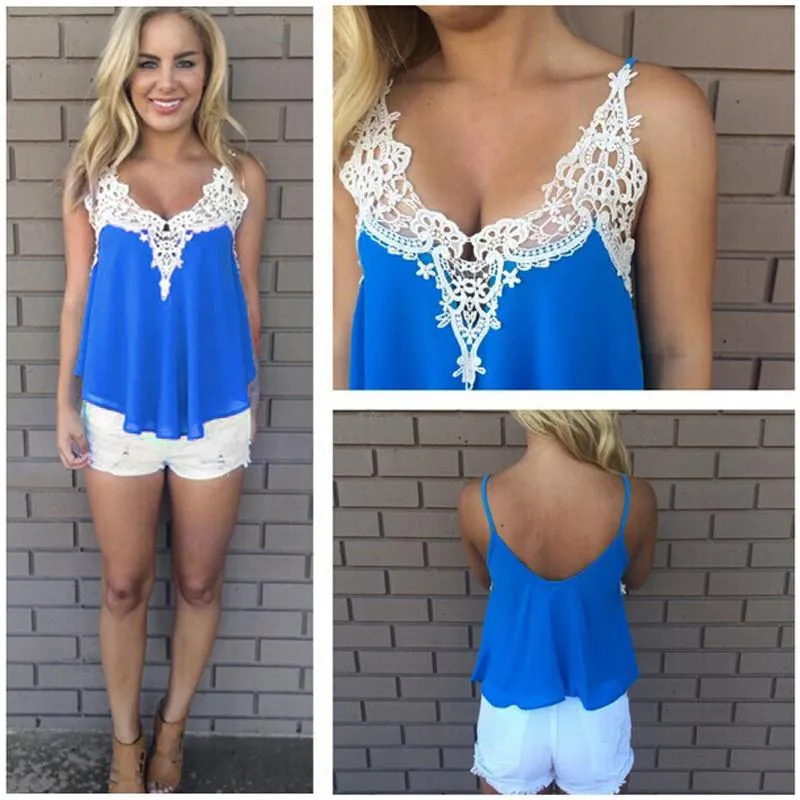 Lace Patchwork Sleeveless Spaghetti Strap Chiffon Blouse
