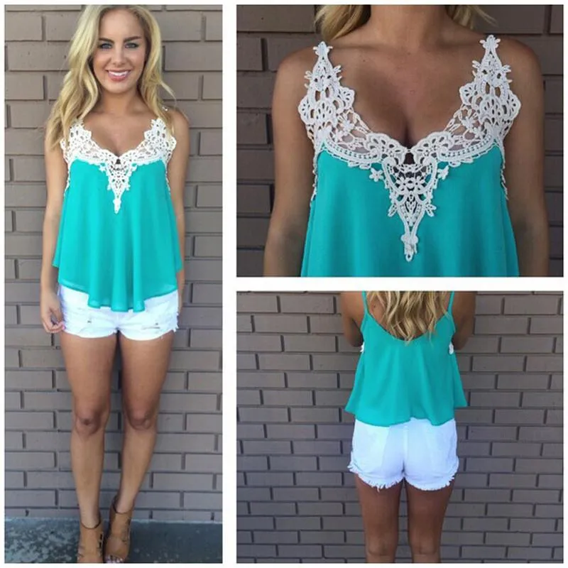 Lace Patchwork Sleeveless Spaghetti Strap Chiffon Blouse