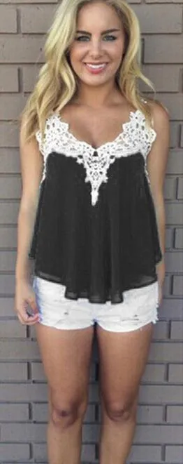 Lace Patchwork Sleeveless Spaghetti Strap Chiffon Blouse