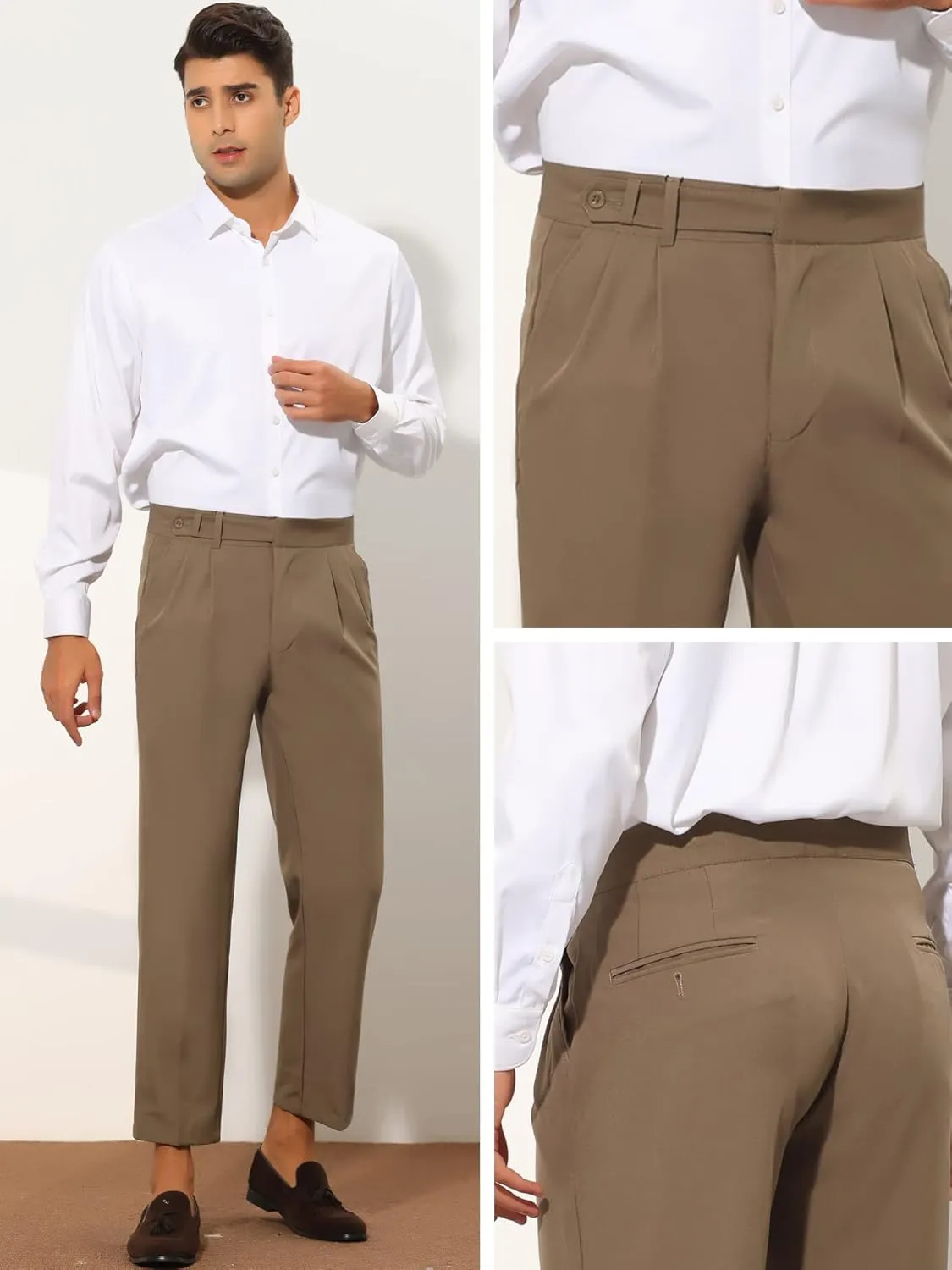 Lars Amadeus Cropped Dress Pants for Men's Slim Fit Pleated Front Solid Business Chino Trousers