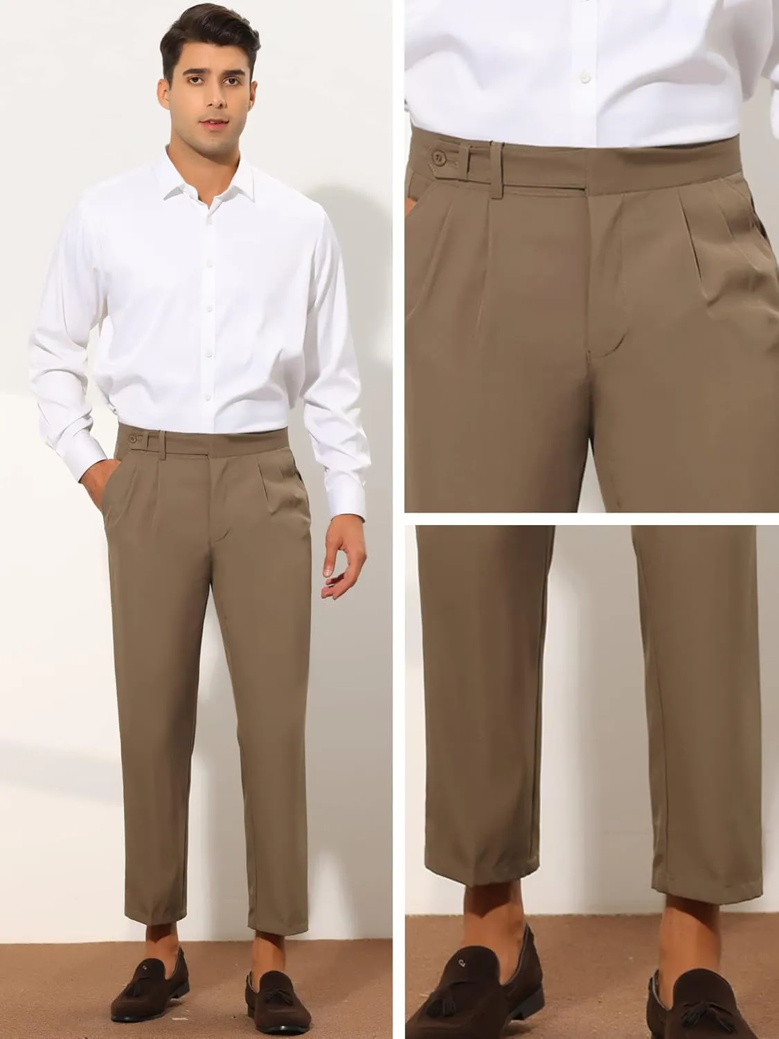 Lars Amadeus Cropped Dress Pants for Men's Slim Fit Pleated Front Solid Business Chino Trousers