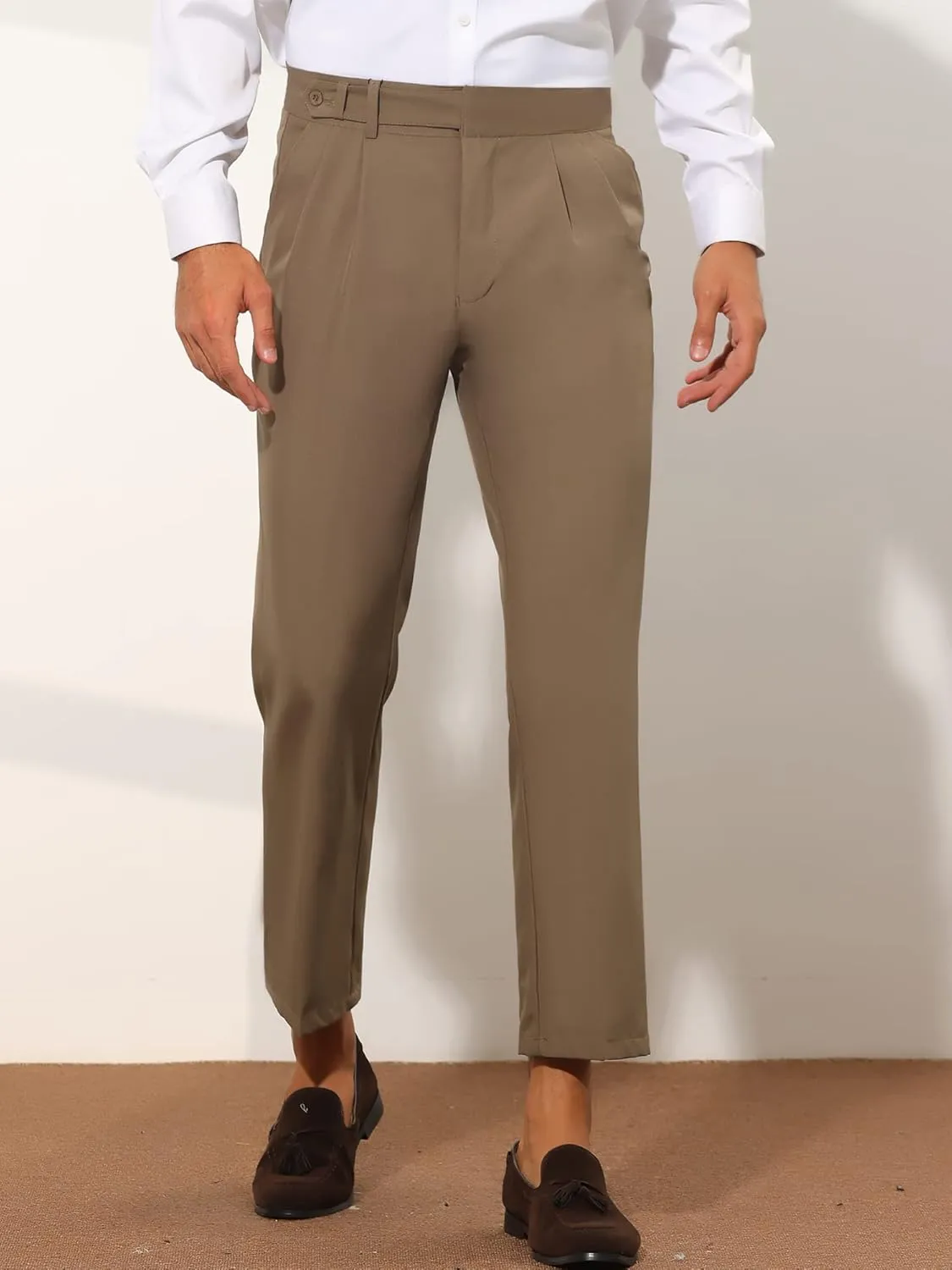 Lars Amadeus Cropped Dress Pants for Men's Slim Fit Pleated Front Solid Business Chino Trousers