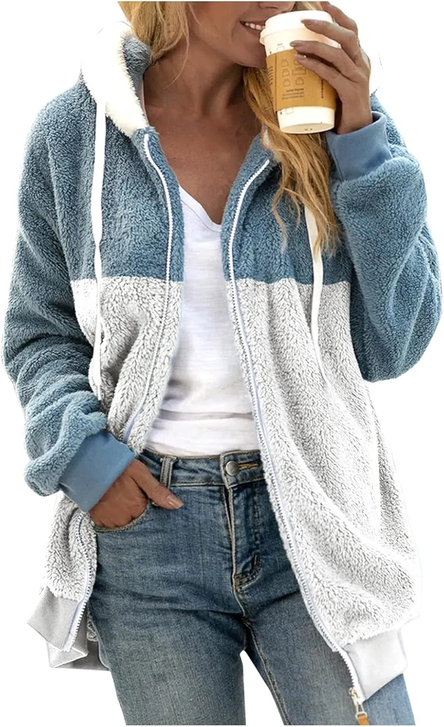 LCMTWX Fleece Jacket Women Loose Solid Color Artificial Wool Zipper Drawstring Long-Sleeved Hoodie Oversized Fluffy Winter