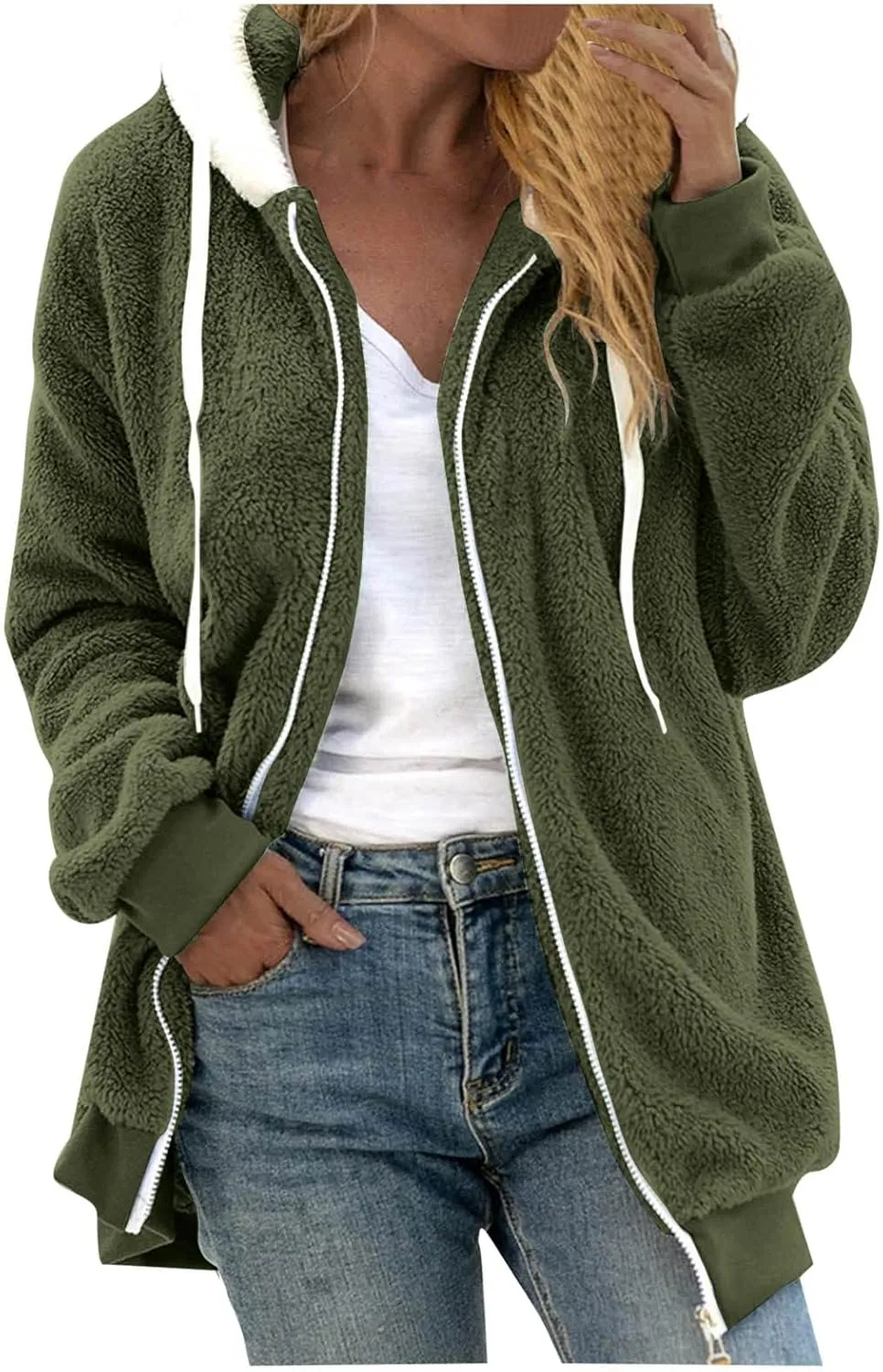 LCMTWX Fleece Jacket Women Loose Solid Color Artificial Wool Zipper Drawstring Long-Sleeved Hoodie Oversized Fluffy Winter