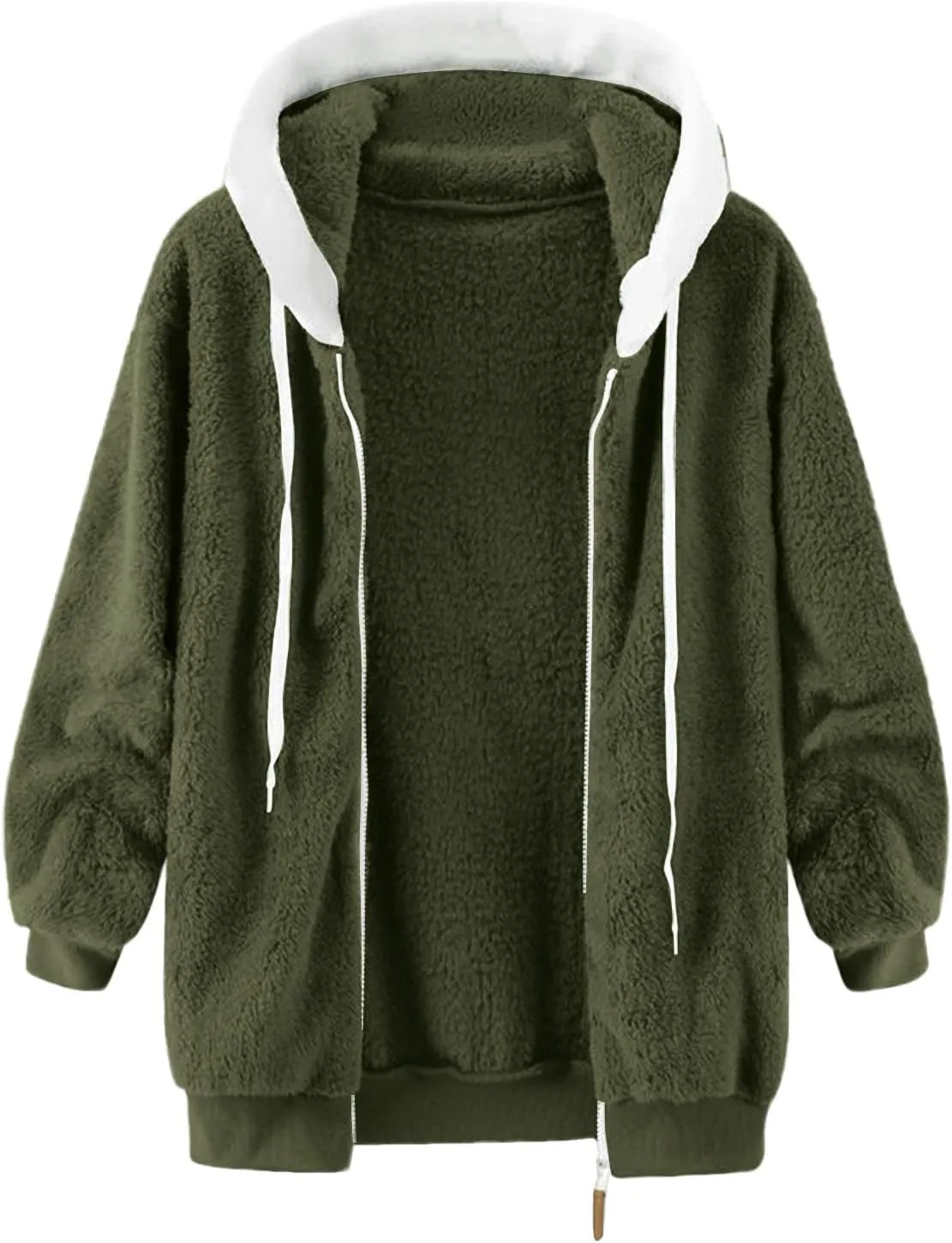 LCMTWX Fleece Jacket Women Loose Solid Color Artificial Wool Zipper Drawstring Long-Sleeved Hoodie Oversized Fluffy Winter