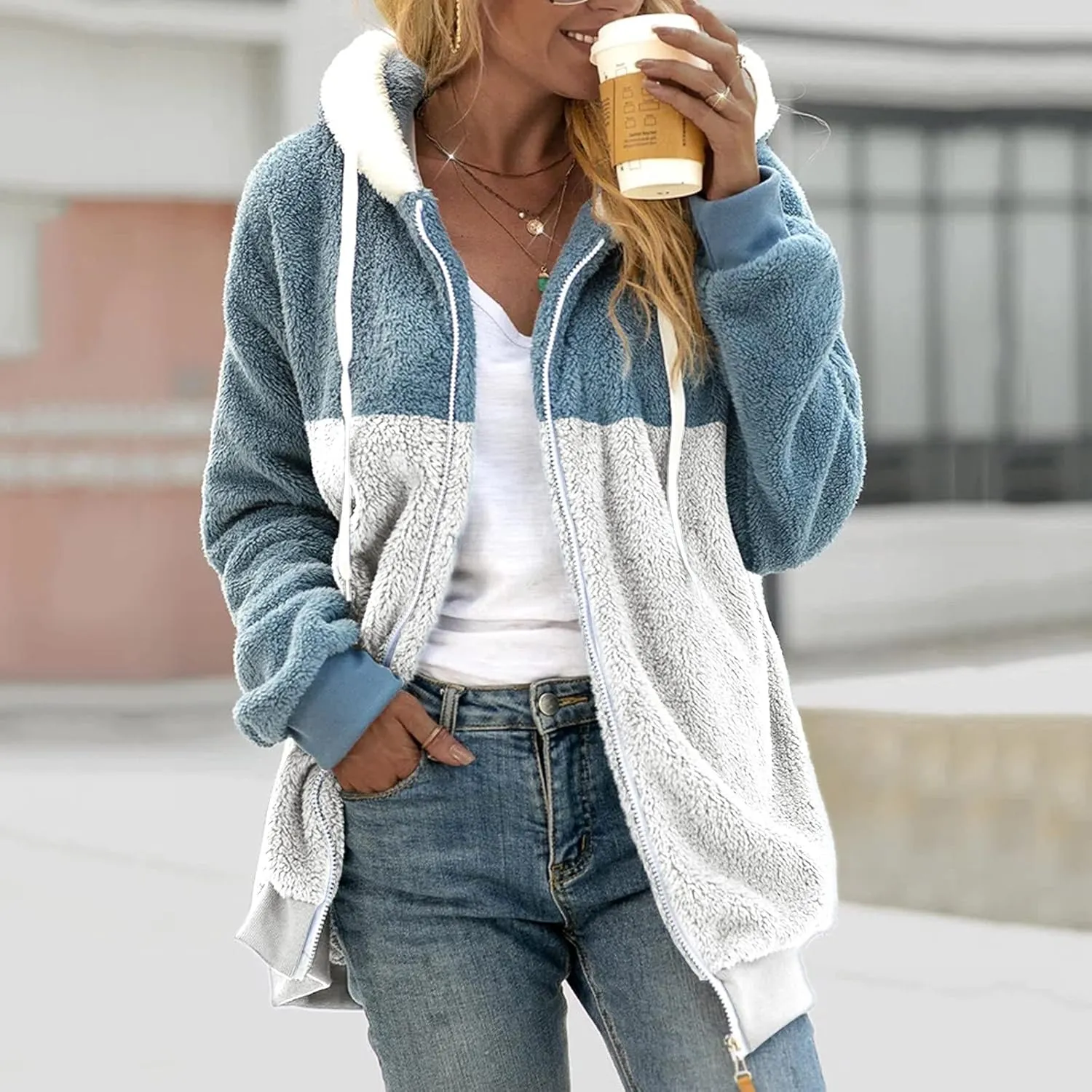LCMTWX Fleece Jacket Women Loose Solid Color Artificial Wool Zipper Drawstring Long-Sleeved Hoodie Oversized Fluffy Winter