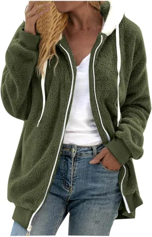 LCMTWX Fleece Jacket Women Loose Solid Color Artificial Wool Zipper Drawstring Long-Sleeved Hoodie Oversized Fluffy Winter