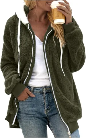 LCMTWX Fleece Jacket Women Loose Solid Color Artificial Wool Zipper Drawstring Long-Sleeved Hoodie Oversized Fluffy Winter