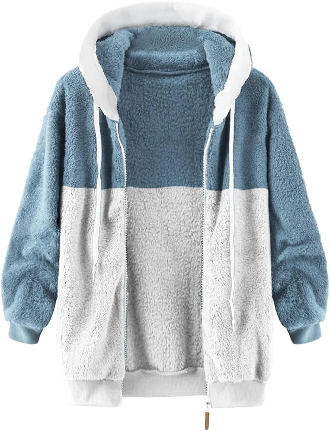 LCMTWX Fleece Jacket Women Loose Solid Color Artificial Wool Zipper Drawstring Long-Sleeved Hoodie Oversized Fluffy Winter