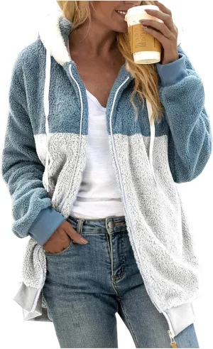 LCMTWX Fleece Jacket Women Loose Solid Color Artificial Wool Zipper Drawstring Long-Sleeved Hoodie Oversized Fluffy Winter