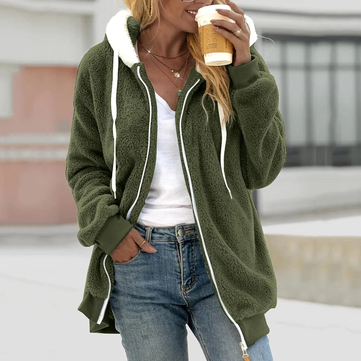 LCMTWX Fleece Jacket Women Loose Solid Color Artificial Wool Zipper Drawstring Long-Sleeved Hoodie Oversized Fluffy Winter
