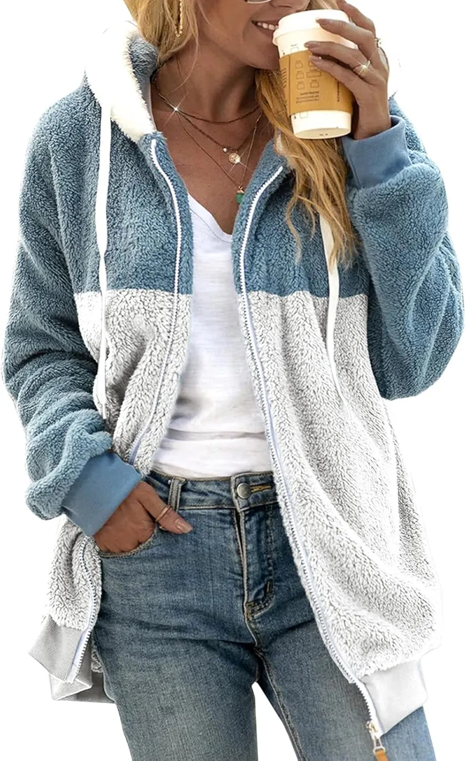 LCMTWX Fleece Jacket Women Loose Solid Color Artificial Wool Zipper Drawstring Long-Sleeved Hoodie Oversized Fluffy Winter