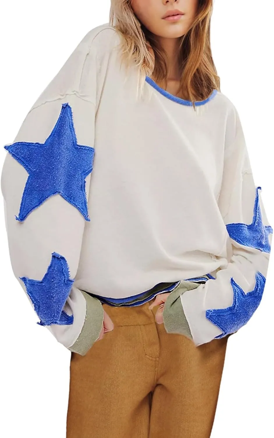 Lenago Graphic Tees for Women Trendy Star Print Stitching Tops Color Block T Shirts Long Sleeve Shirts Crew Neck Blouses