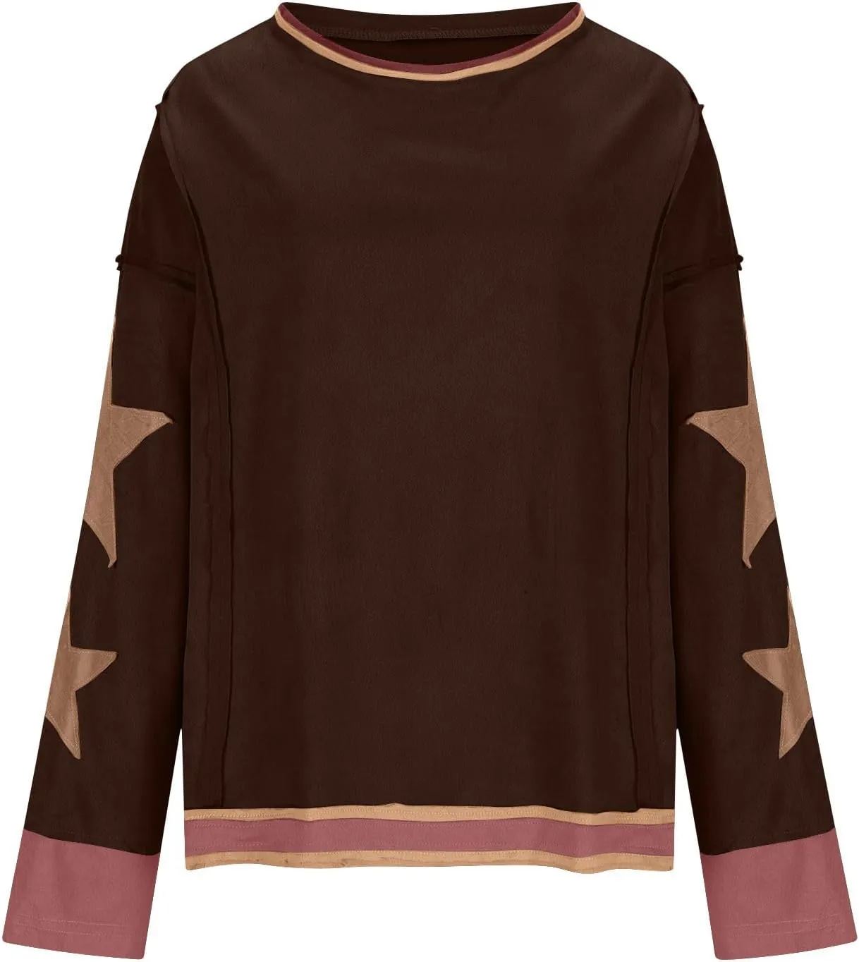 Lenago Graphic Tees for Women Trendy Star Print Stitching Tops Color Block T Shirts Long Sleeve Shirts Crew Neck Blouses