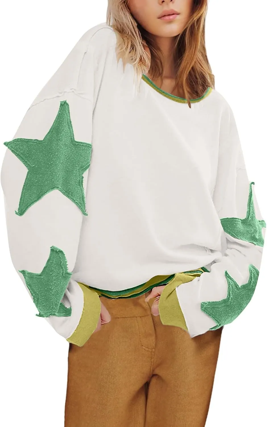 Lenago Graphic Tees for Women Trendy Star Print Stitching Tops Color Block T Shirts Long Sleeve Shirts Crew Neck Blouses